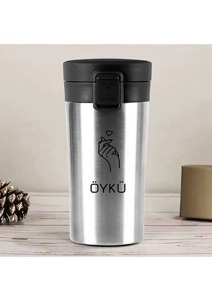 Kişiye Özel Paslanmaz Çelik 380 ml Vakumlu El Kalp Baskılı Termos - Isı Yalıtımlı, Sızdırmaz Kapak
