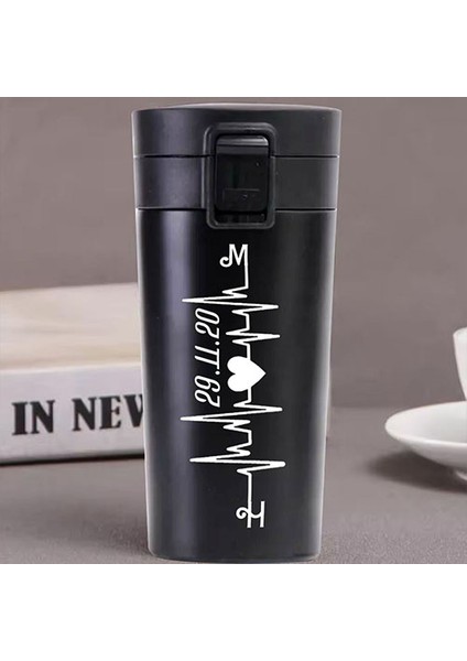 Kişiye Özel Paslanmaz Çelik 380 ml Vakumlu Kalp Ritmi Baskılı Termos - Isı Yalıtımlı, Sızdırmaz Kapak