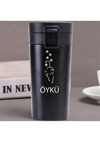 Kişiye Özel Paslanmaz Çelik 380 ml Vakumlu Kedi Baskılı Termos - Isı Yalıtımlı, Sızdırmaz Kapak