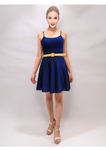 Simli Askılı Kemerli Mini Elbise