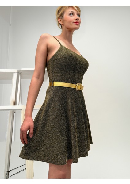 Simli Askılı Kemerli Mini Elbise