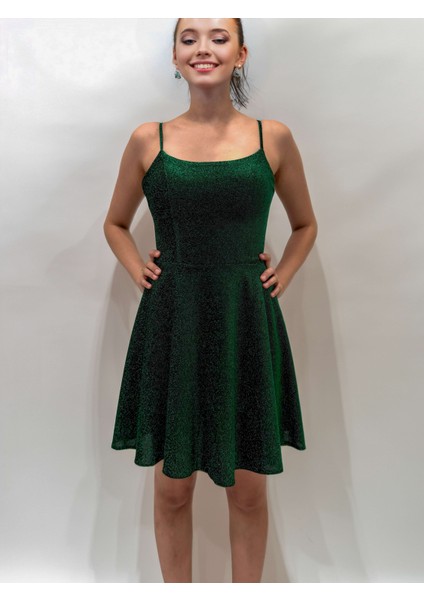 Simli Askılı Kemerli Mini Elbise