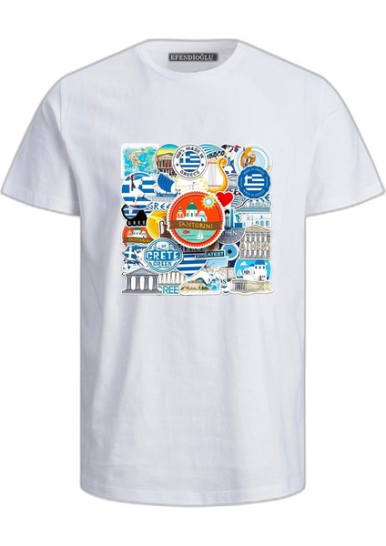 Trip Greece Athens Logoları Olan Σαντορίνη Baskılı Pamuklu Tshirt