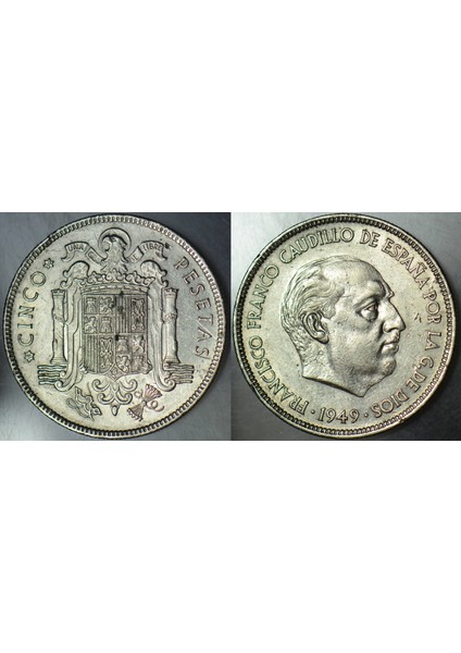 İspanya 5 Peseta 1949 (50) Büyük Boy 32 mm Nikel. Az Çıkan Çilaltı