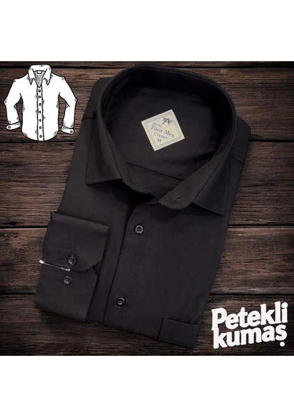 Linen Keten Klasik %100 Cotton Uzun Kollu Terletmeyen Tek Cepli Kapaklı Siyah Gömlek (Regular Kalıp)
