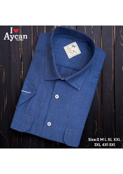 Linen Keten Klasik Kısa Kollu Iki Cepli Kapaklı Mavi Baba Gömleği (Regular Kalıp)