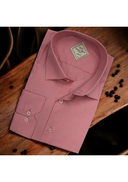 Linen Keten Klasik %100 Cotton Uzun Kollu Slim-Fit Terletmeyen Pembe Gömlek (Regular Kalıp)