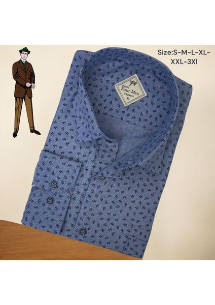 Linen Keten Klasik %100 Cotton Uzun Kollu Terletmeyen Tek Cepli Kapaklı Mavi Gömlek (Regular Kalıp)