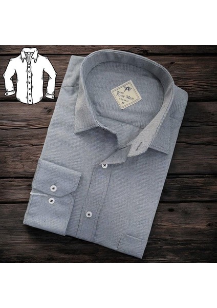 Linen Keten Klasik %100 Cotton Uzun Kollu Terletmeyen Tek Cepli Kapaklı Gri Gömlek (Regular Kalıp)