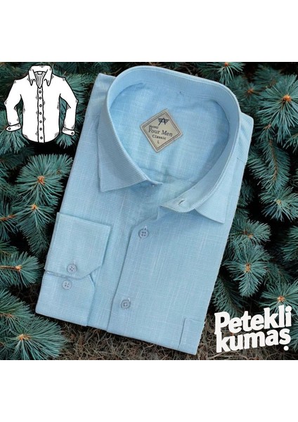 Linen Keten Klasik %100 Cotton Uzun Kollu Terletmeyen Tek Cepli Kapaklı Mavi Gömlek (Regular Kalıp)