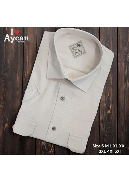 Linen Keten Klasik Kısa Kollu Iki Cepli Kapaklı Beyaz Baba Gömleği (Regular Kalıp)