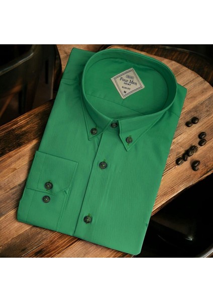 Linen Keten Klasik %100 Cotton Uzun Kollu Slim-Fit Terletmeyen Yeşil Gömlek (Regular Kalıp)