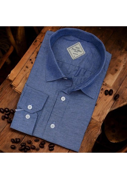 Linen Keten Klasik %100 Cotton Uzun Kollu Slim-Fit Terletmeyen Mavi Gömlek (Regular Kalıp)