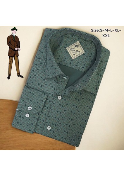 Linen Keten Klasik %100 Cotton Uzun Kollu Terletmeyen Tek Cepli Kapaklı Yeşil Gömlek (Regular Kalıp)