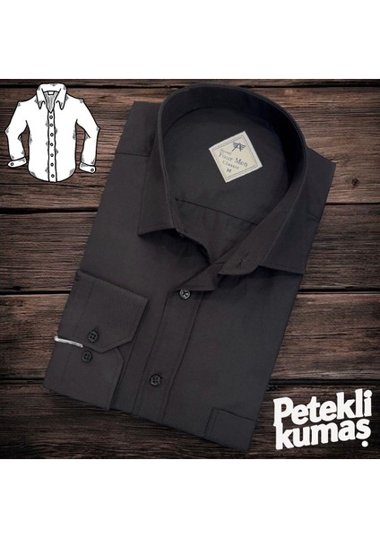 Linen Keten Klasik %100 Cotton Uzun Kollu Terletmeyen Tek Cepli Kapaklı Siyah Gömlek (Regular Kalıp)