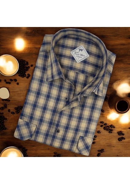 Linen Keten Klasik Kısa Kollu Iki Cepli Kapaklı Camel Baba Gömleği (Regular Kalıp)