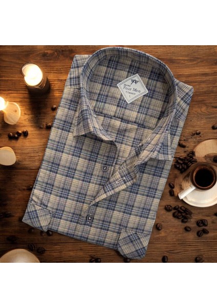 Linen Keten Klasik Kısa Kollu Iki Cepli Kapaklı Camel Baba Gömleği (Regular Kalıp)