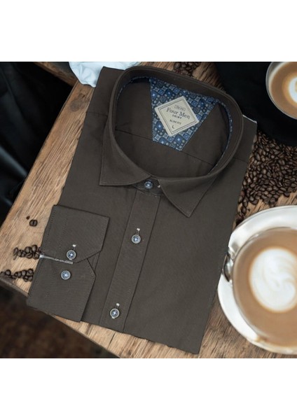 Linen Keten Klasik %100 Cotton Uzun Kollu Terletmeyen Kahverengi Gömlek (Regular Kalıp)