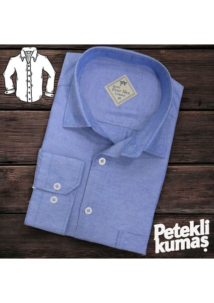 Linen Keten Klasik %100 Cotton Uzun Kollu Terletmeyen Tek Cepli Kapaklı Mavi Gömlek (Regular Kalıp)