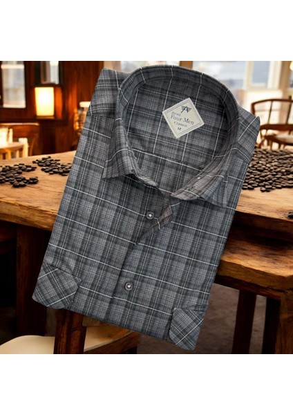 Linen Keten Klasik Kısa Kollu Iki Cepli Kapaklı Gri Baba Gömleği (Regular Kalıp)