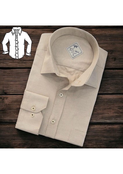 Linen Keten Klasik %100 Cotton Uzun Kollu Terletmeyen Tek Cepli Kapaklı Krem Gömlek (Regular Kalıp)