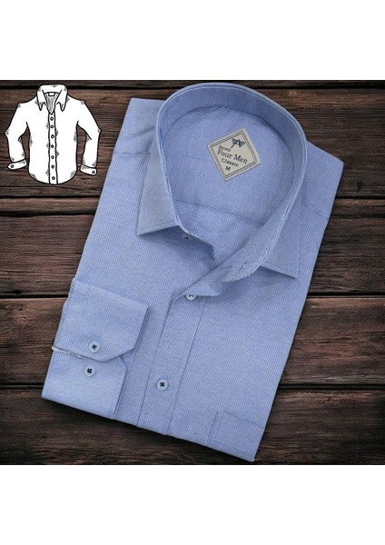 Linen Keten Klasik %100 Cotton Uzun Kollu Terletmeyen Tek Cepli Kapaklı Mavi Gömlek (Regular Kalıp)