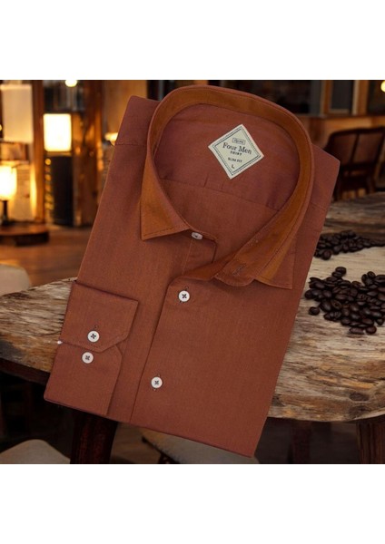 Linen Keten Klasik %100 Cotton Uzun Kollu Terletmeyen Kahverengi Gömlek (Regular Kalıp)