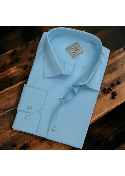 Linen Keten Klasik %100 Cotton Uzun Kollu Slim-Fit Terletmeyen Mavi Gömlek (Regular Kalıp)