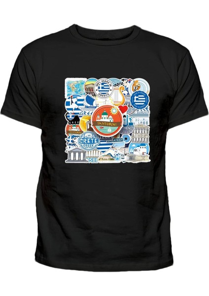 Trip Greece Athens Logoları Olan Σαντορίνη Baskılı Pamuklu Tshirt