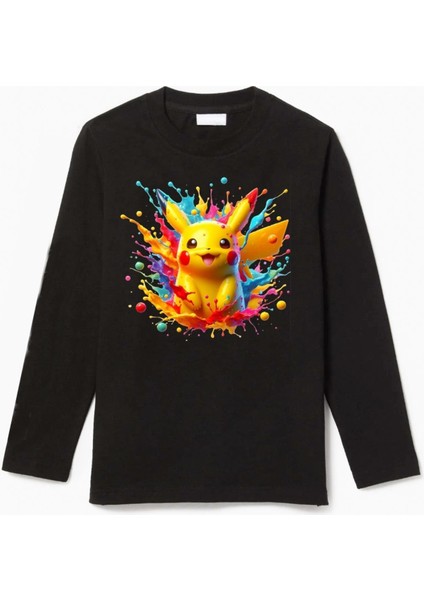 Uzun Kollu Pikachu Pokemon Renkli Arkafon Baskılı Renkli Pamuklu Çocuk Tişört