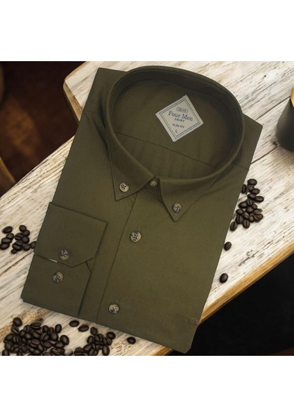 Linen Keten Klasik %100 Cotton Uzun Kollu Slim-Fit Terletmeyen Haki Gömlek (Regular Kalıp)