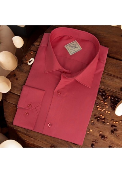 Linen Keten Klasik %100 Cotton Uzun Kollu Terletmeyen Kırmızı Gömlek (Regular Kalıp)