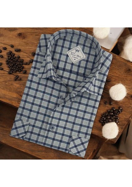 Linen Keten Klasik Kısa Kollu Iki Cepli Kapaklı Gri Baba Gömleği (Regular Kalıp)