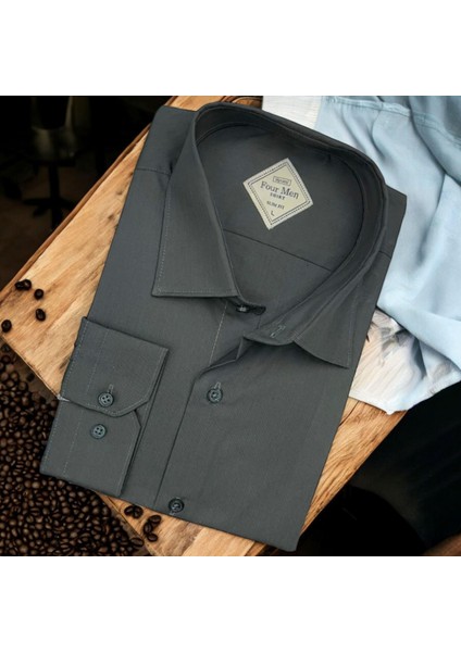 Linen Keten Klasik %100 Cotton Uzun Kollu Slim-Fit Terletmeyen Antrasit Gömlek (Regular Kalıp)