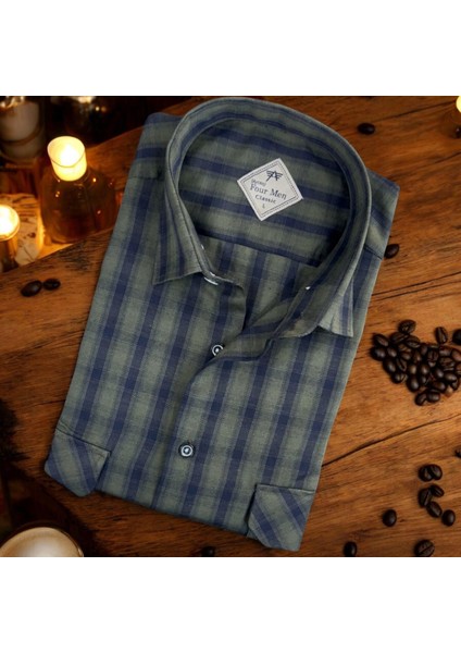 Linen Keten Klasik %100 Cotton Uzun Kollu Terletmeyen Iki Cepli Kapaklı Yeşil Gömlek (Regular Kalıp)