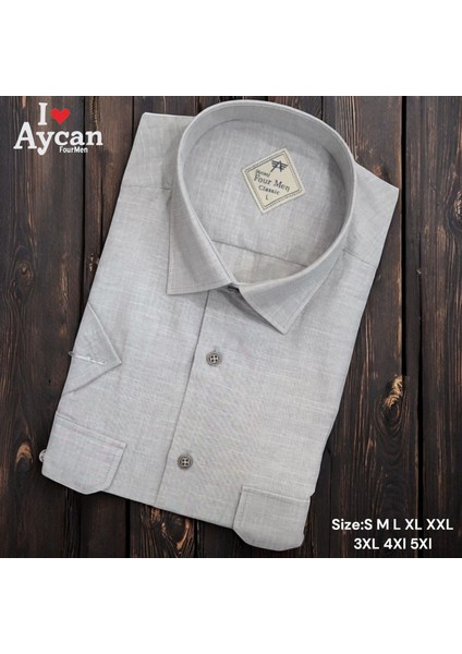 Linen Keten Klasik Kısa Kollu Iki Cepli Kapaklı Gri Baba Gömleği (Regular Kalıp)