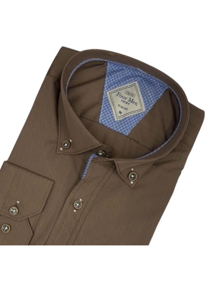 Linen Keten Klasik %100 Cotton Uzun Kollu Slim-Fit Terletmeyen Kahverengi Gömlek (Regular Kalıp) fiyatları