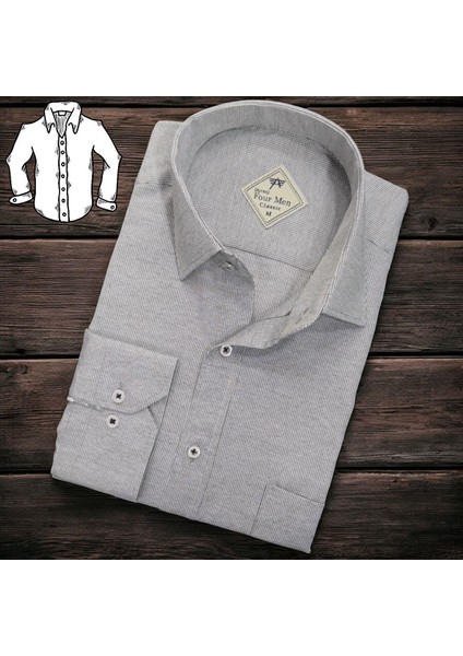 Linen Keten Klasik %100 Cotton Uzun Kollu Terletmeyen Tek Cepli Kapaklı Gri Gömlek (Regular Kalıp)