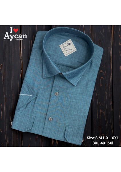 Linen Keten Klasik Kısa Kollu Iki Cepli Kapaklı Mavi Baba Gömleği (Regular Kalıp)