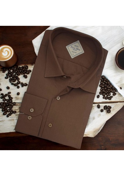 Linen Keten Klasik %100 Cotton Uzun Kollu Slim-Fit Terletmeyen Kahverengi Gömlek (Regular Kalıp)