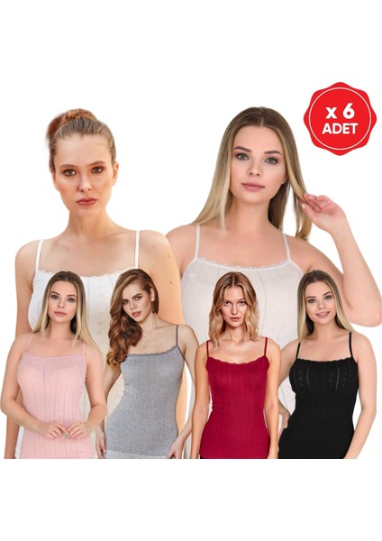 Kadın Ince Askılı Atlet Penye Beyaz Siyah Somon Ekru Vişne Gri 6 Adet