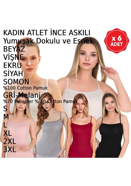 Kadın Ince Askılı Atlet Penye Beyaz Siyah Somon Ekru Vişne Gri 6 Adet fiyatları