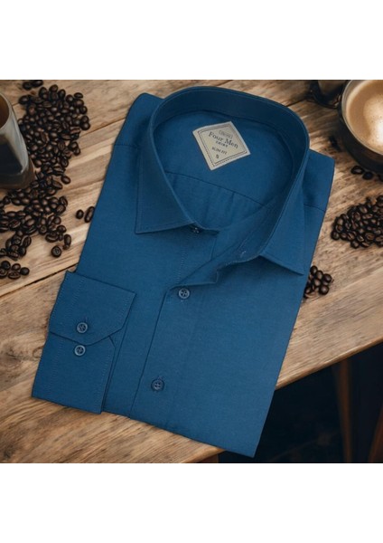 Linen Keten Klasik %100 Cotton Uzun Kollu Slim-Fit Terletmeyen Mavi Gömlek (Regular Kalıp)