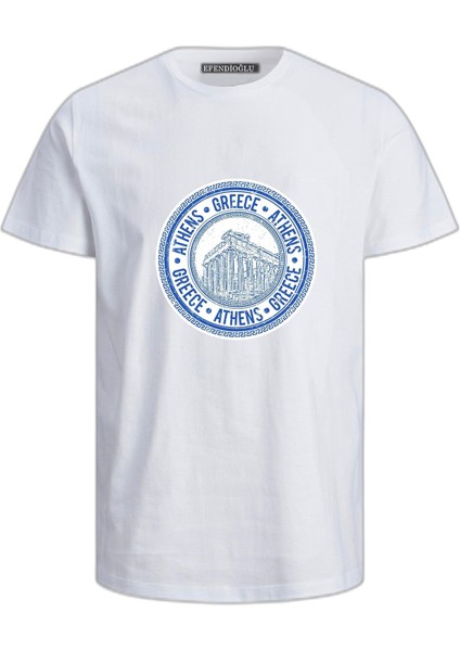 Athens Yuvarlak Baskılı Greece Pamuklu Tshirt
