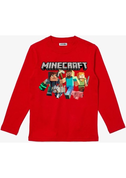 Uzun Kollu Mine Craft Karakterleri Uzun Kollu Baskılı Çocuk T-Shirt