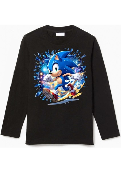 Uzun Kollu Koşan Sonic Baskılı Pamuklu Çocuk Tişört
