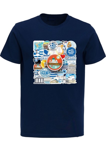 Trip Greece Athens Logoları Olan Σαντορίνη Baskılı Pamuklu Tshirt