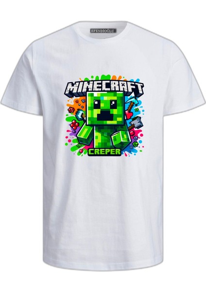 Renkli Mine Craft Karakteri Cooper Pamuklu Çocuk Tshirt