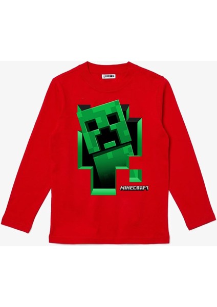 Uzun Kollu Mine Craft Creeper Inside Baskılı Unisex Çocuk Tişört