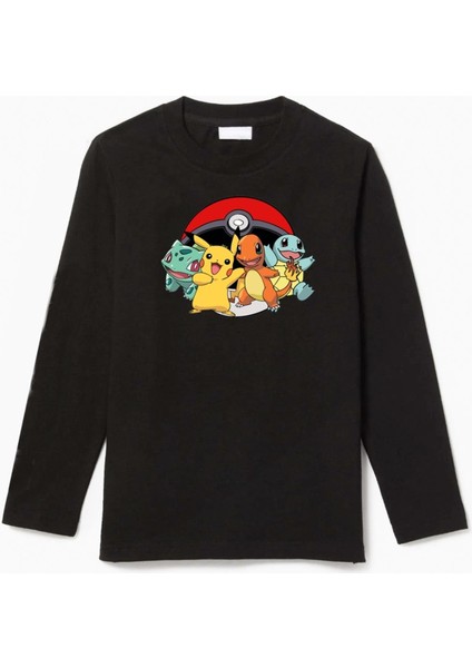 Uzun Kollu Poke Topu Pokemon Karakterleri Baskılı Çocuk Tişört